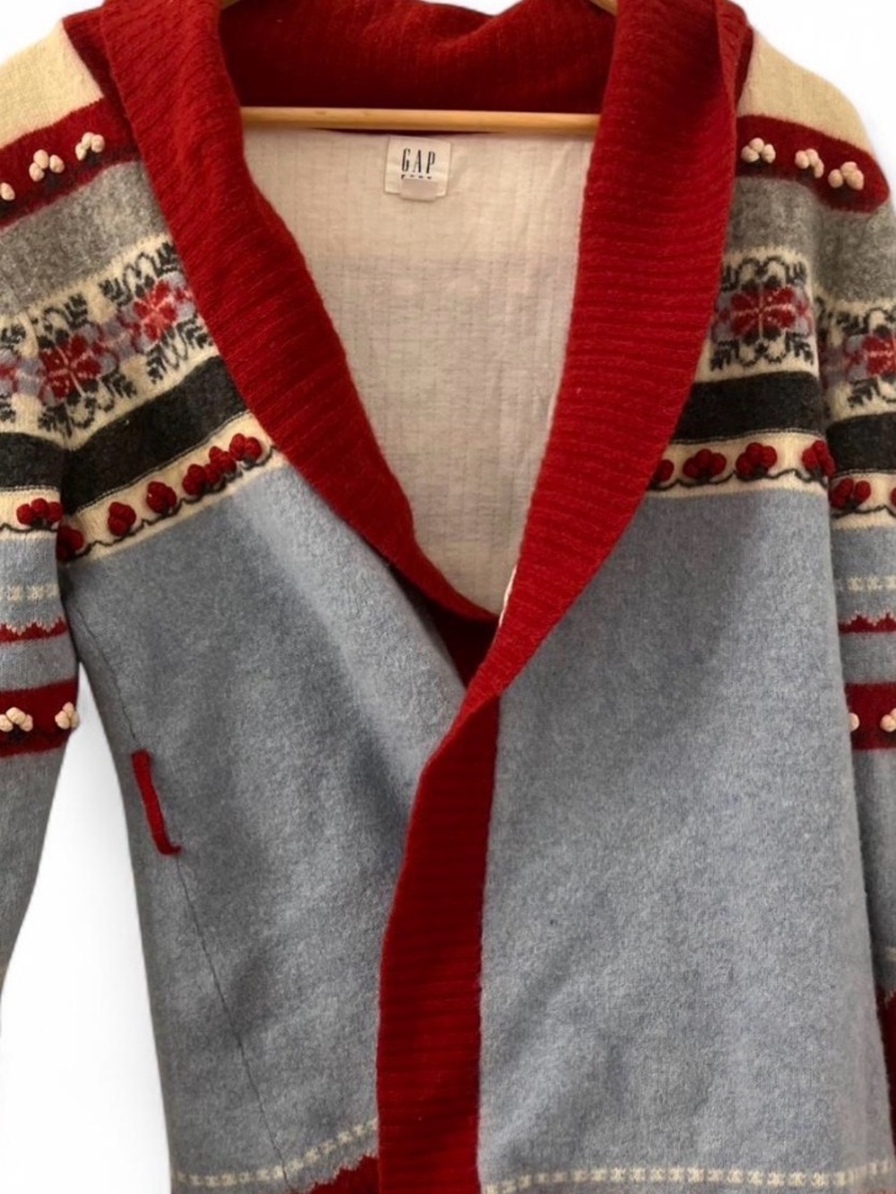 Vintage Red Gray Blue Fair Isle Patterned Sweater Cardigan Robe